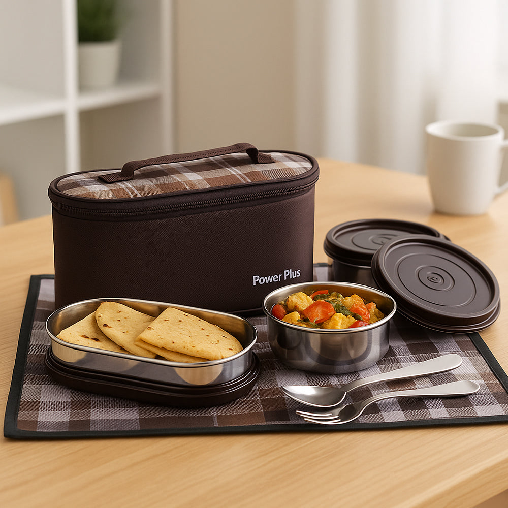 “Zippy Trio lunch bag with stainless steel containers, spoon, fork, and tablemat – compact lunchbox set by Power Plus”