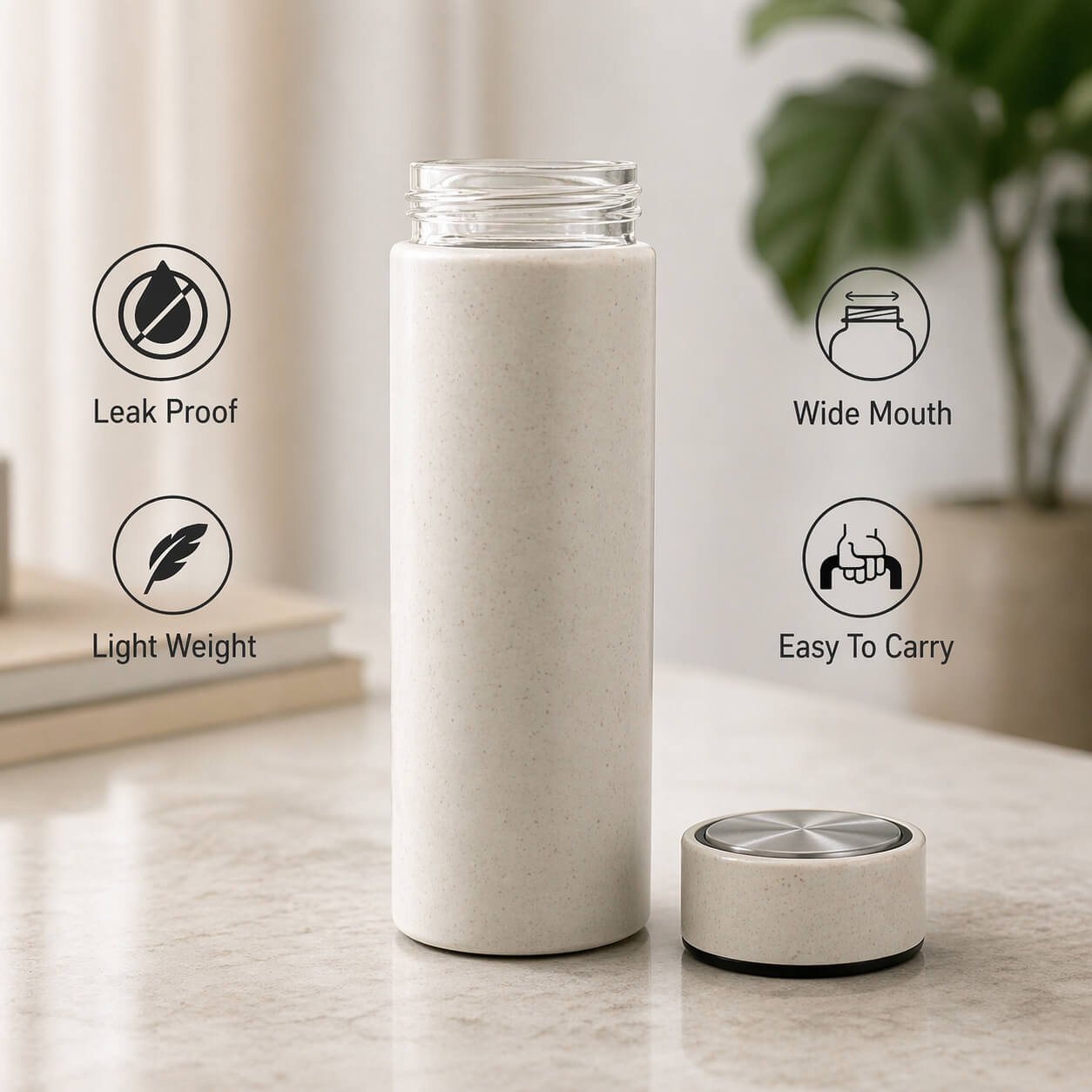TerraSpeckle: Wheat Straw Glass Bottle with Metal Accent Cap  — corporate gift