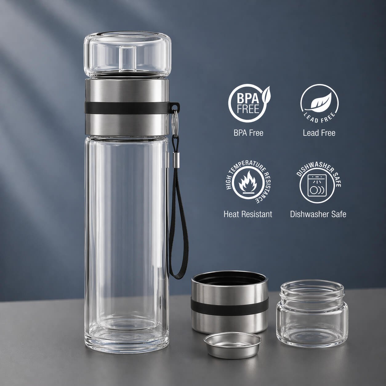 ClearSip Duo: Double wall Borosilicate Infuser bottle with SS infuser net  — corporate gift