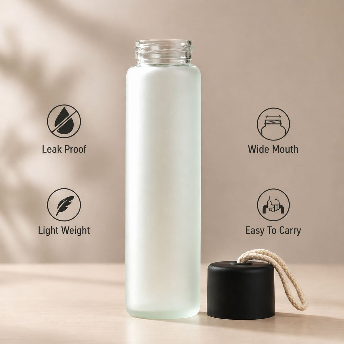 VelvetMist: Frosted Glass Bottle with Contrast Cap &amp; Rope Loop Black — corporate gift
