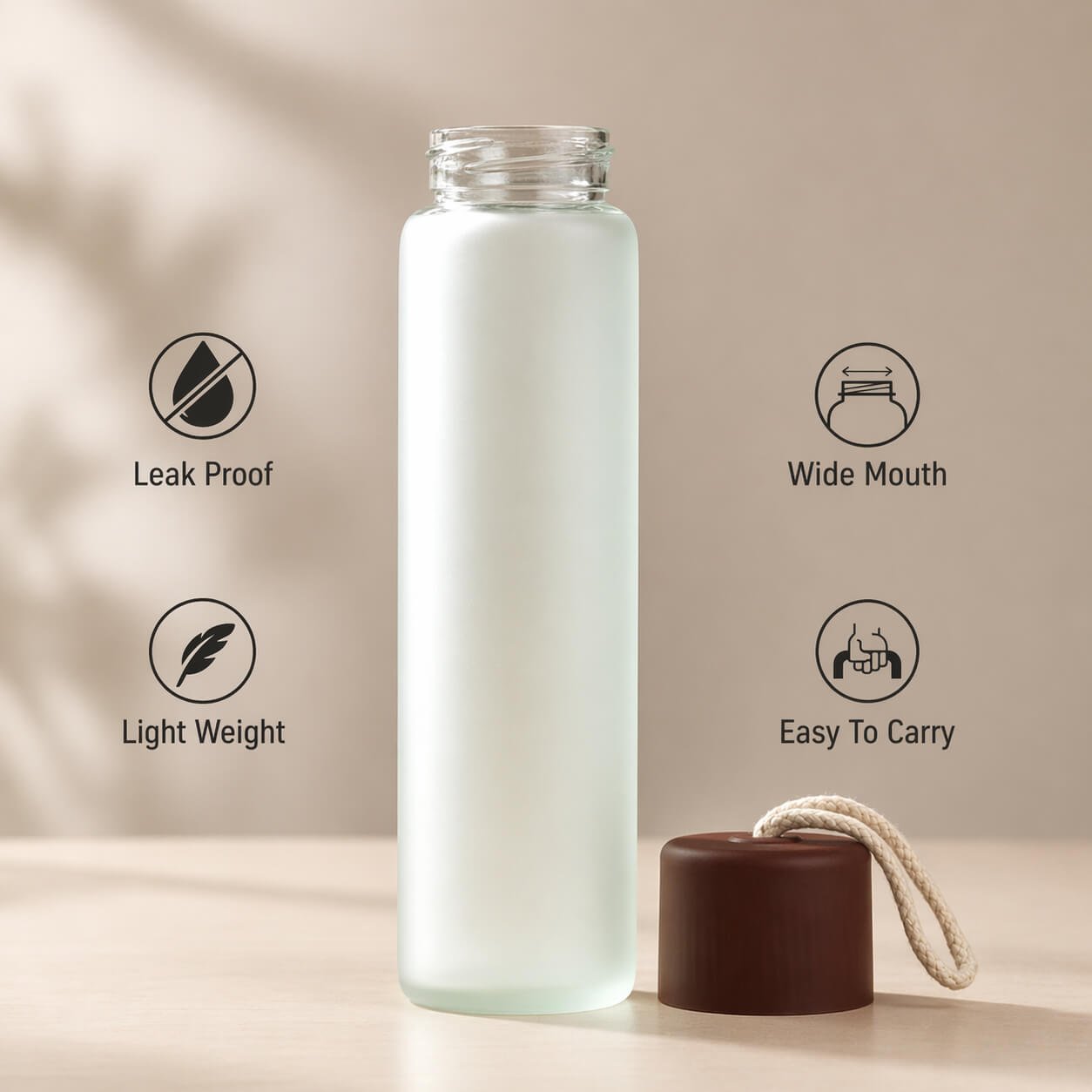 VelvetMist: Frosted Glass Bottle with Contrast Cap & Rope Loop Black — corporate gift