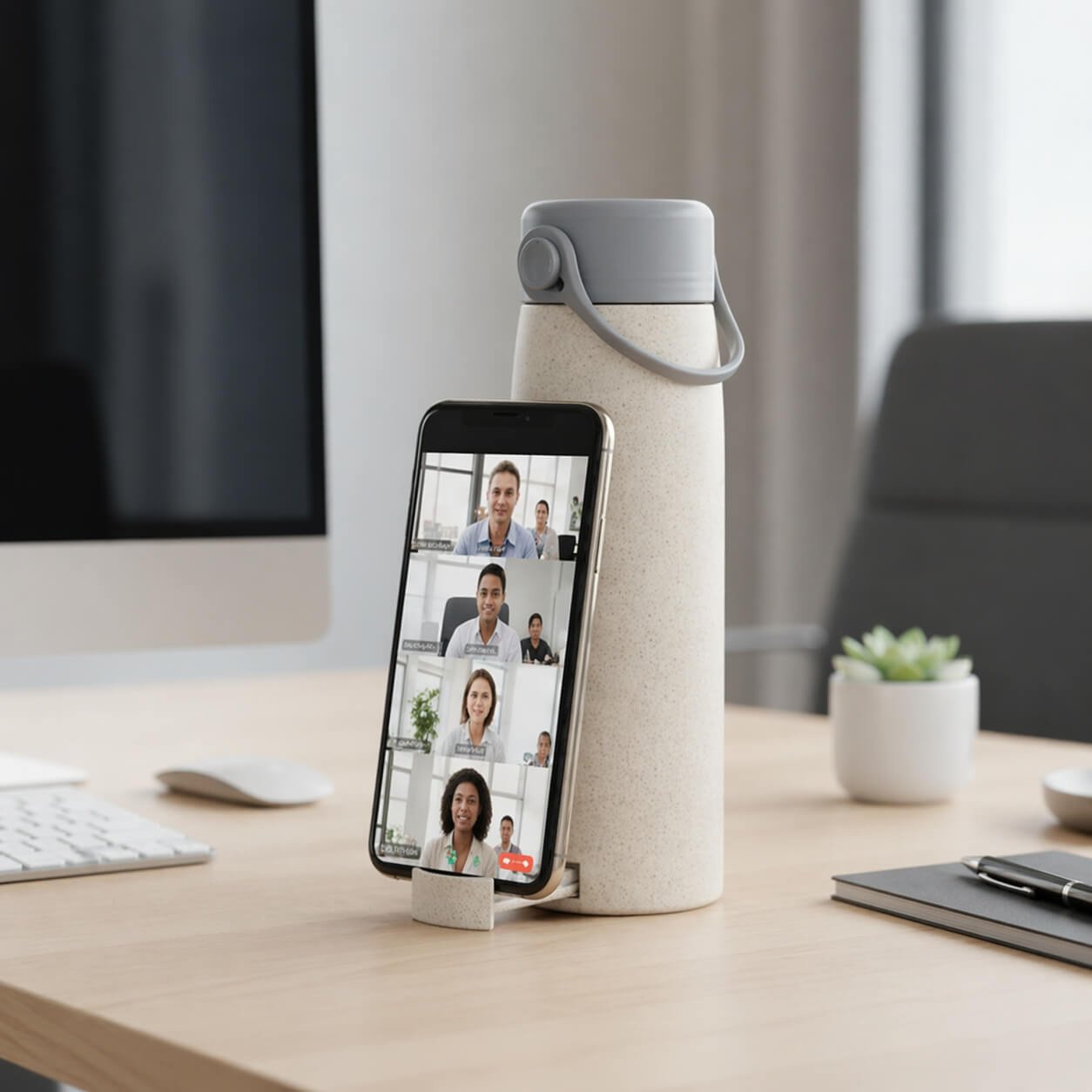 GraniteStation: Wheat straw Glass Bottle with Phone Stand Cap & Silicone Strap  — corporate gift