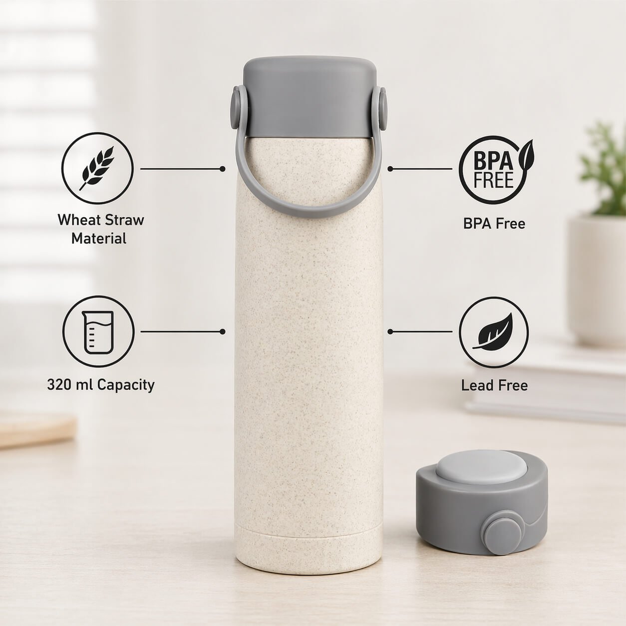 GraniteStation: Wheat straw Glass Bottle with Phone Stand Cap & Silicone Strap  — corporate gift