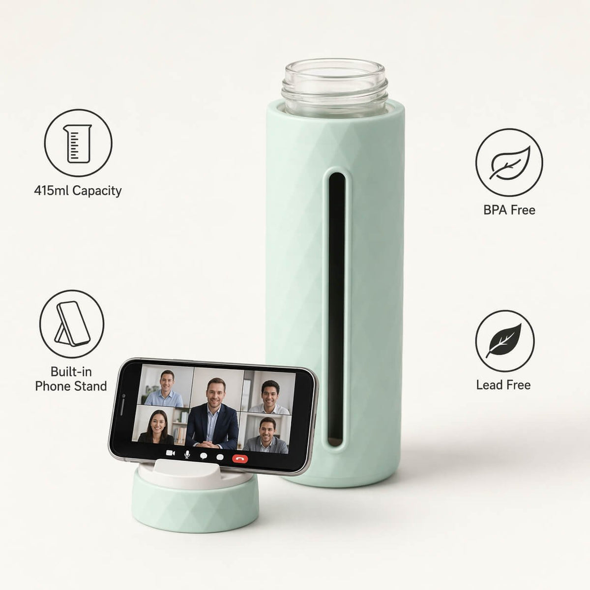PrismView: Geometric Glass Bottle with Integrated Phone Stand Green — corporate gift