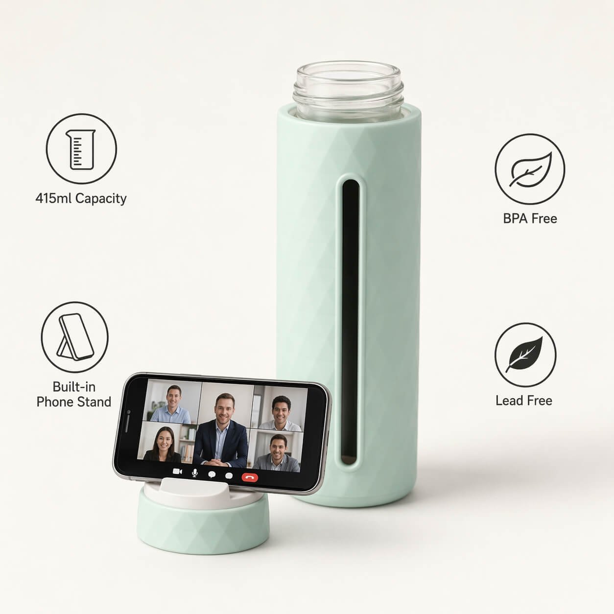 PrismView: Geometric Glass Bottle with Integrated Phone Stand Green — corporate gift