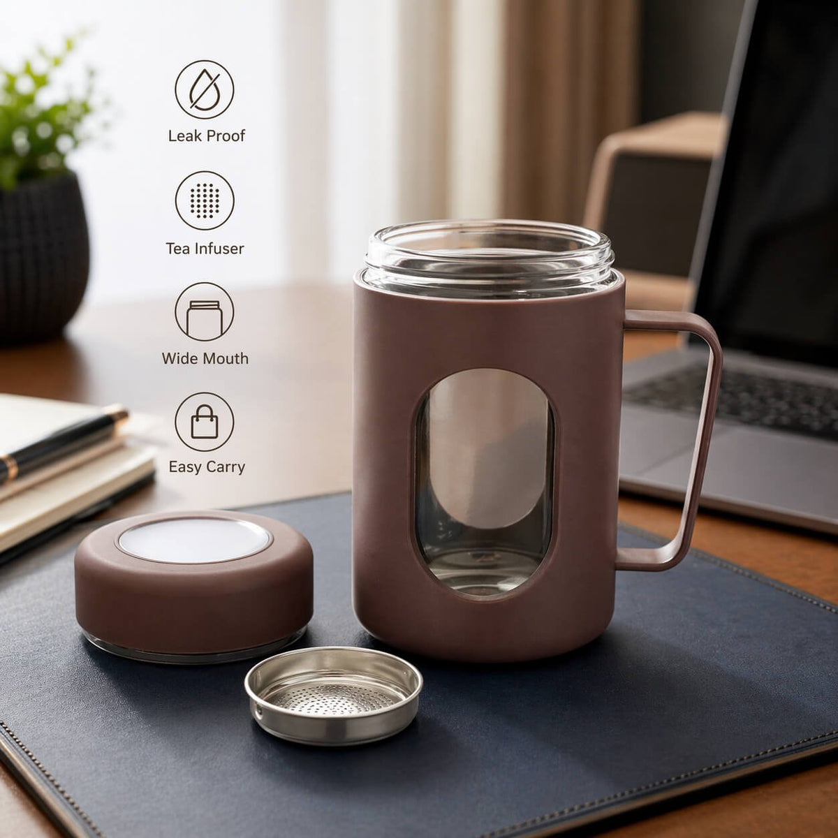 BrewShield: Glass Mug with Protective Shell, Handle &amp; Tea Infuser  — corporate gift