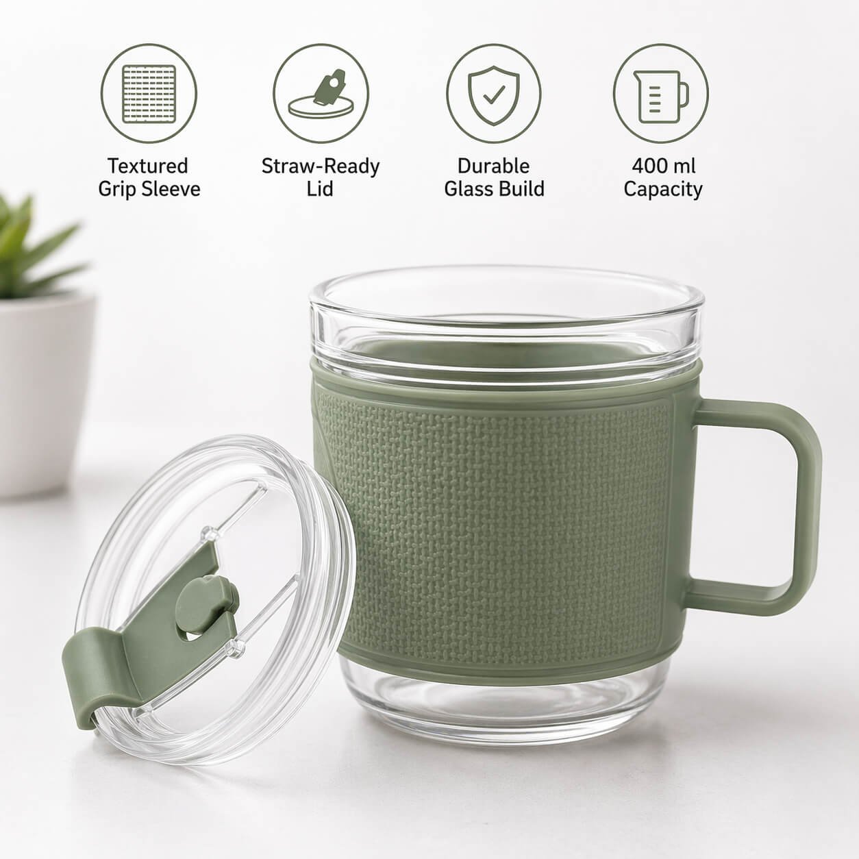 MiniBrew: Mini Glass Mug with Textured Grip Sleeve & Straw-Ready Lid Green — corporate gift