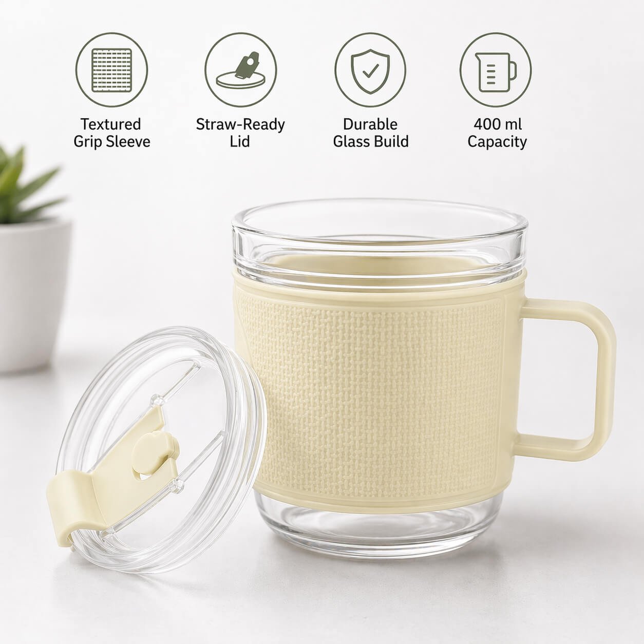 MiniBrew: Mini Glass Mug with Textured Grip Sleeve & Straw-Ready Lid Green — corporate gift
