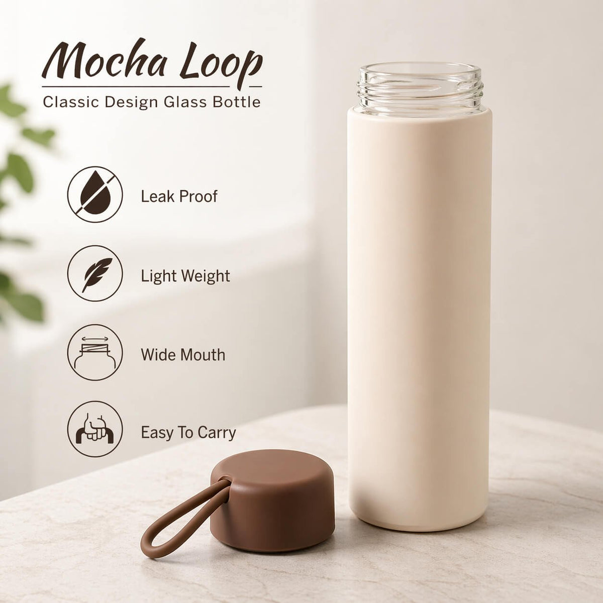MochaLoop: Classic Design Glass Bottle with Brown Silicone Strap  — corporate gift