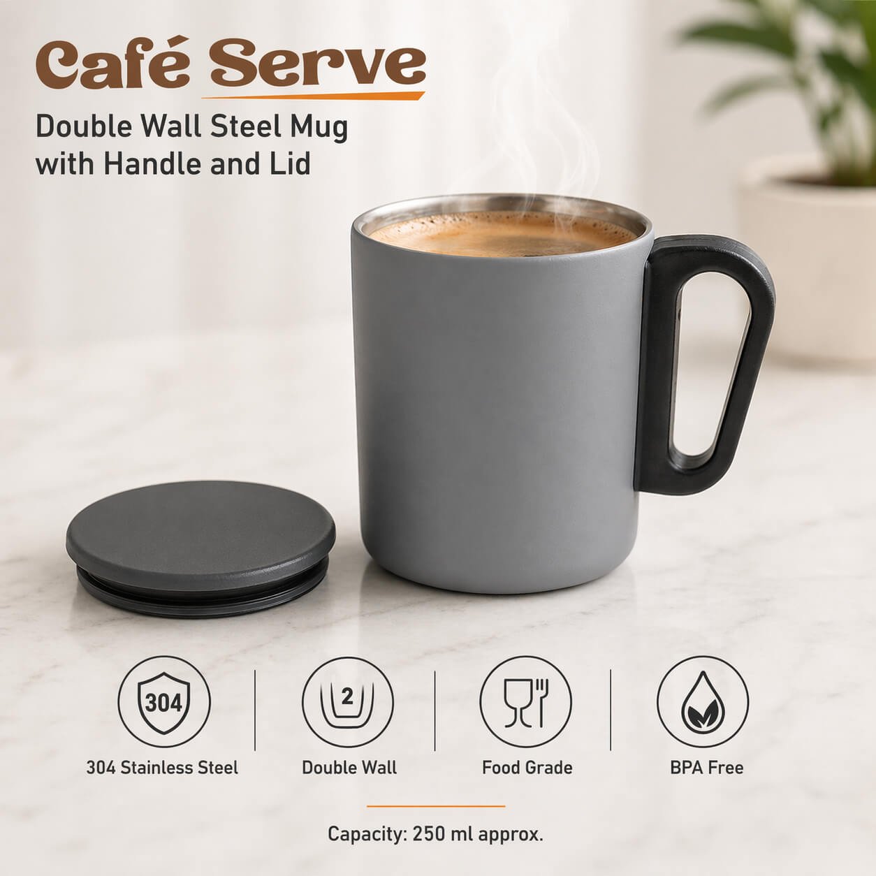 Cafe Serve: Double wall Steel mug with handle and lid  — corporate gift