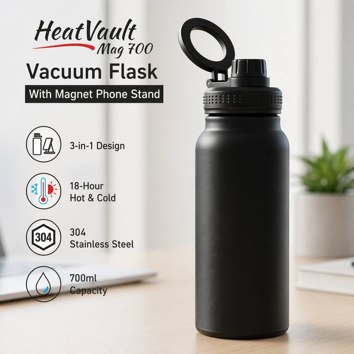HeatVault Mag 700: Vacuum flask with Magnet phone stand  — corporate gift