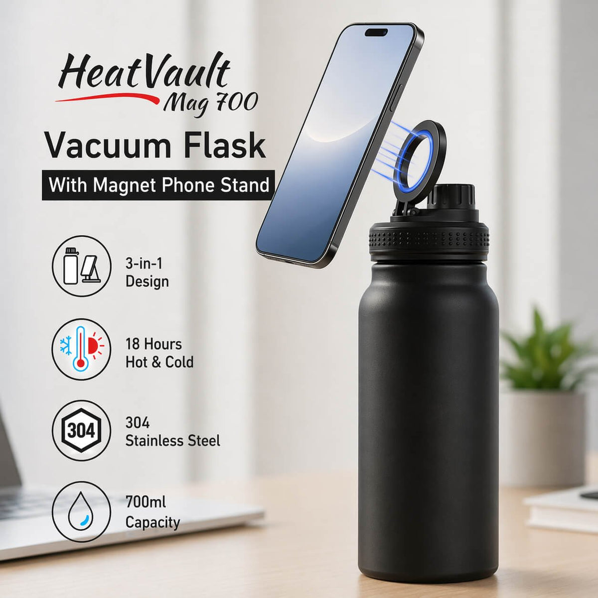 HeatVault Mag 700: Vacuum flask with Magnet phone stand  — corporate gift