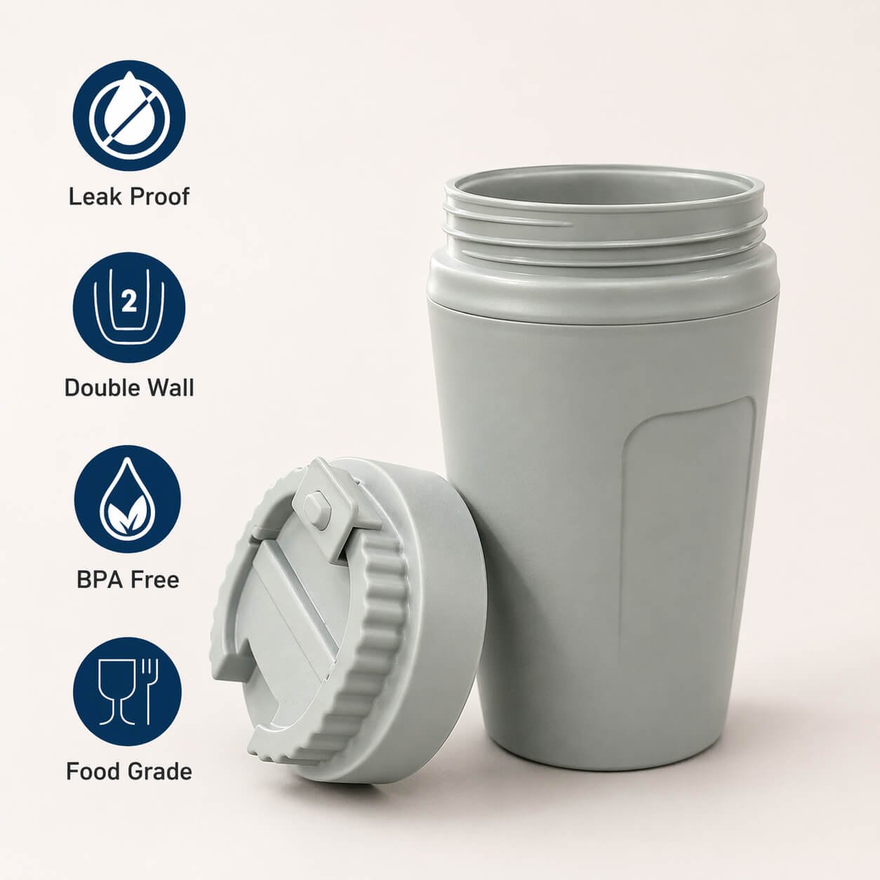 Cafe Cup: Double wall Steel mug with flip top lid Light Grey — corporate gift