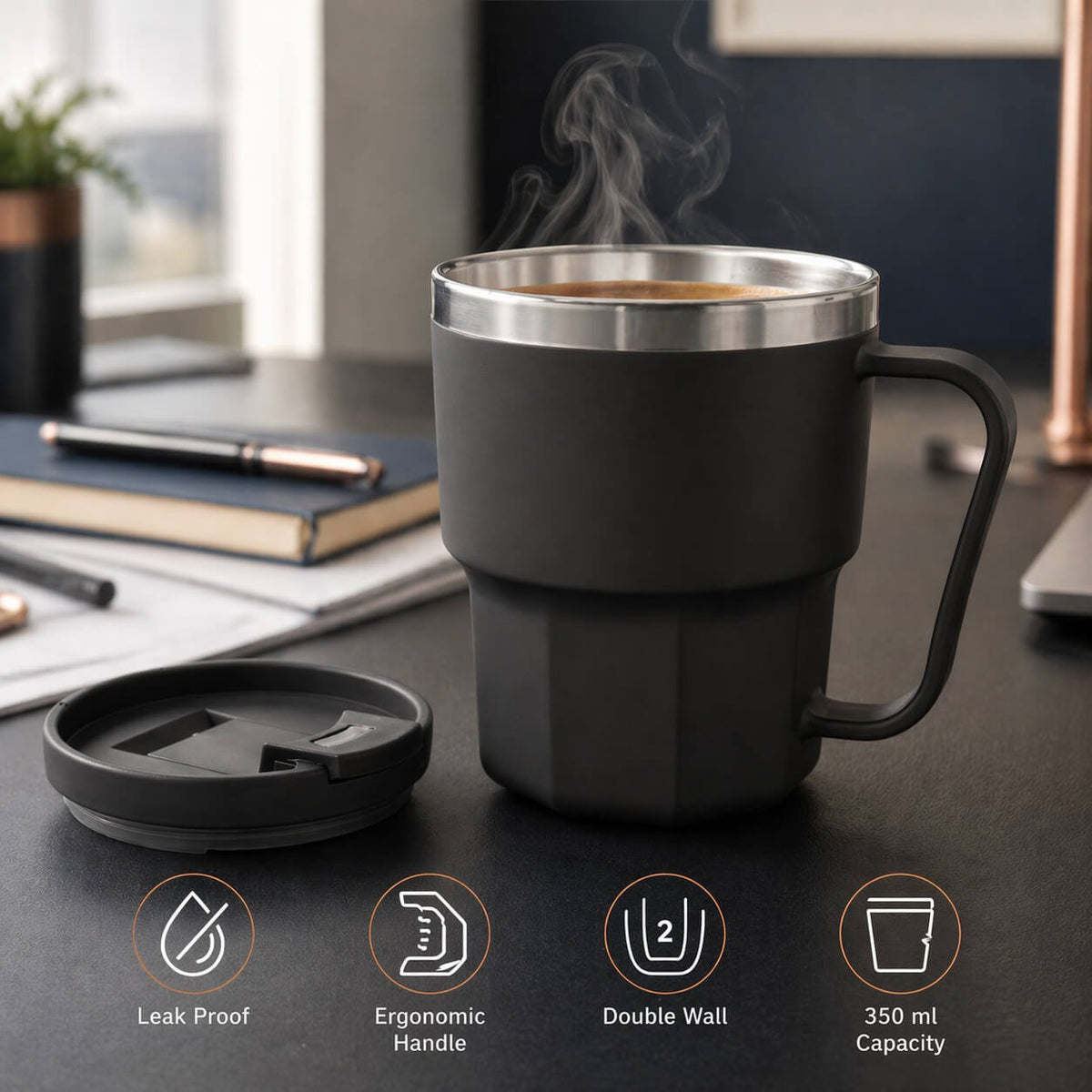 Vertex: Stainless Steel Double wall mug with Unique Ridge Base Black — corporate gift