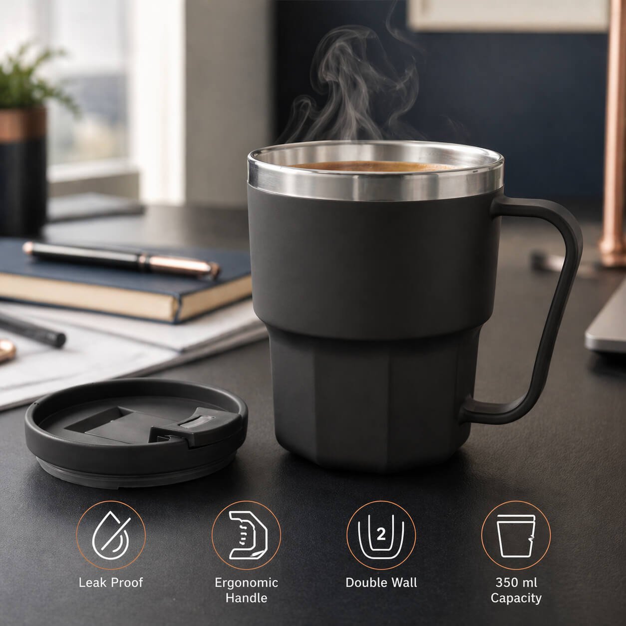 Vertex: Stainless Steel Double wall mug with Unique Ridge Base Black — corporate gift