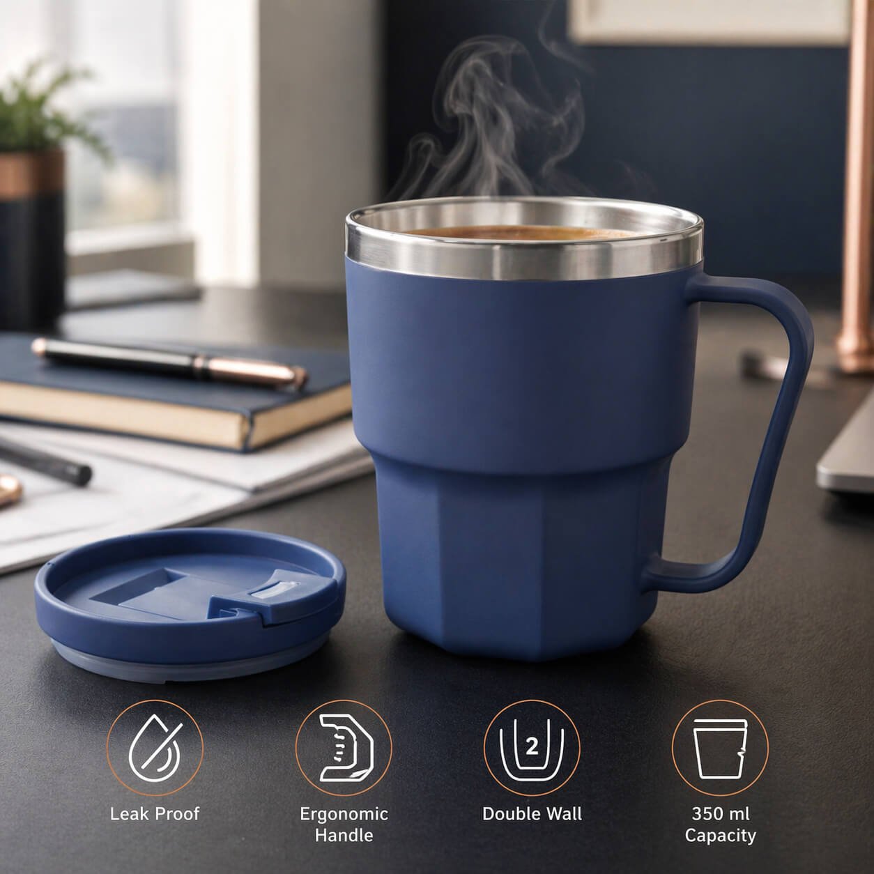 Vertex: Stainless Steel Double wall mug with Unique Ridge Base Black — corporate gift