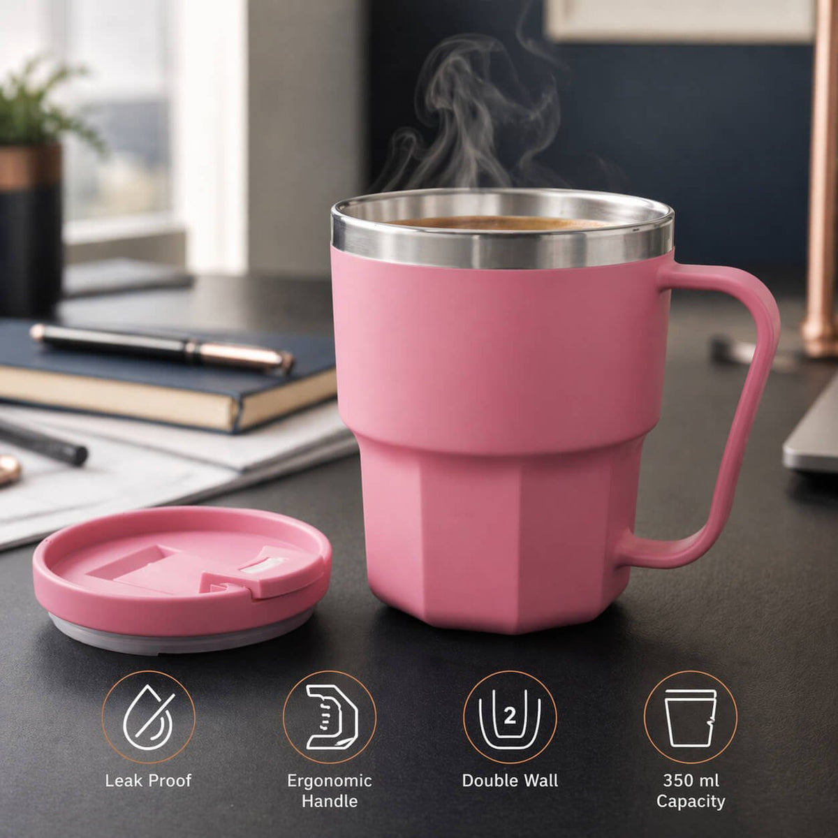 Vertex: Stainless Steel Double wall mug with Unique Ridge Base Pink — corporate gift