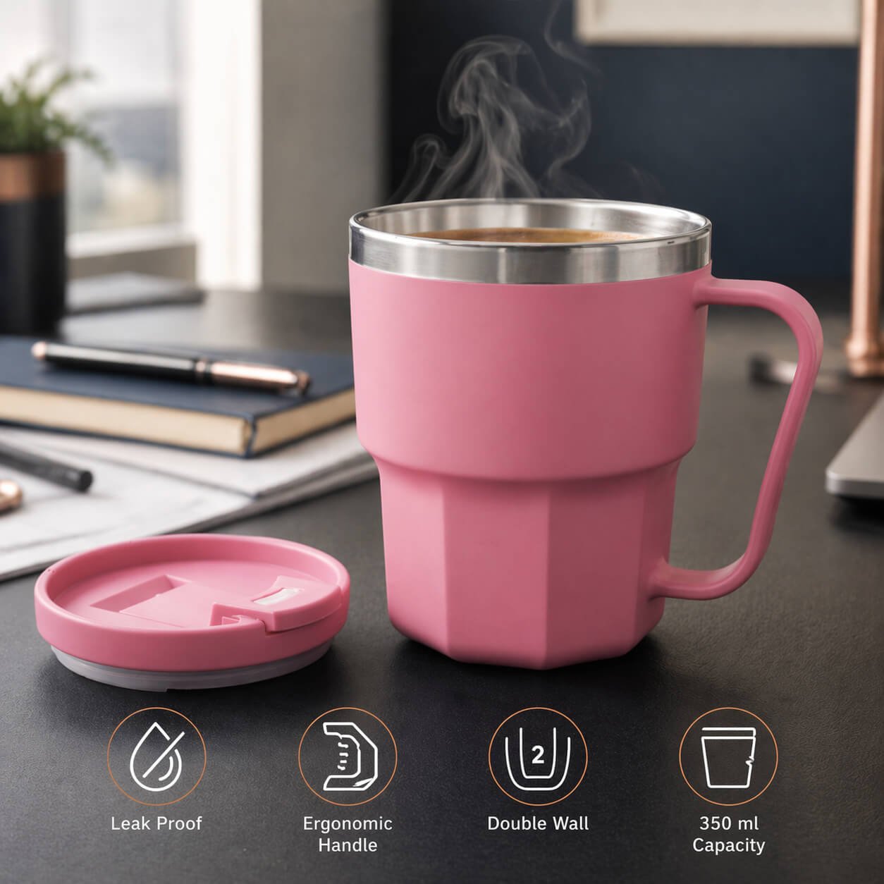 Vertex: Stainless Steel Double wall mug with Unique Ridge Base Pink — corporate gift