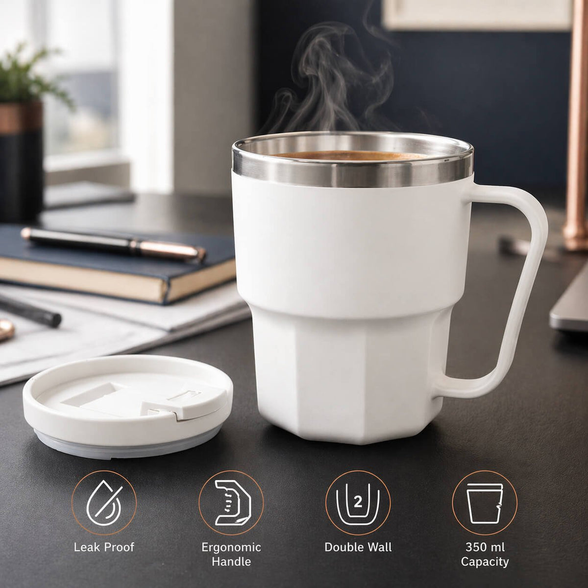 Vertex: Stainless Steel Double wall mug with Unique Ridge Base White — corporate gift