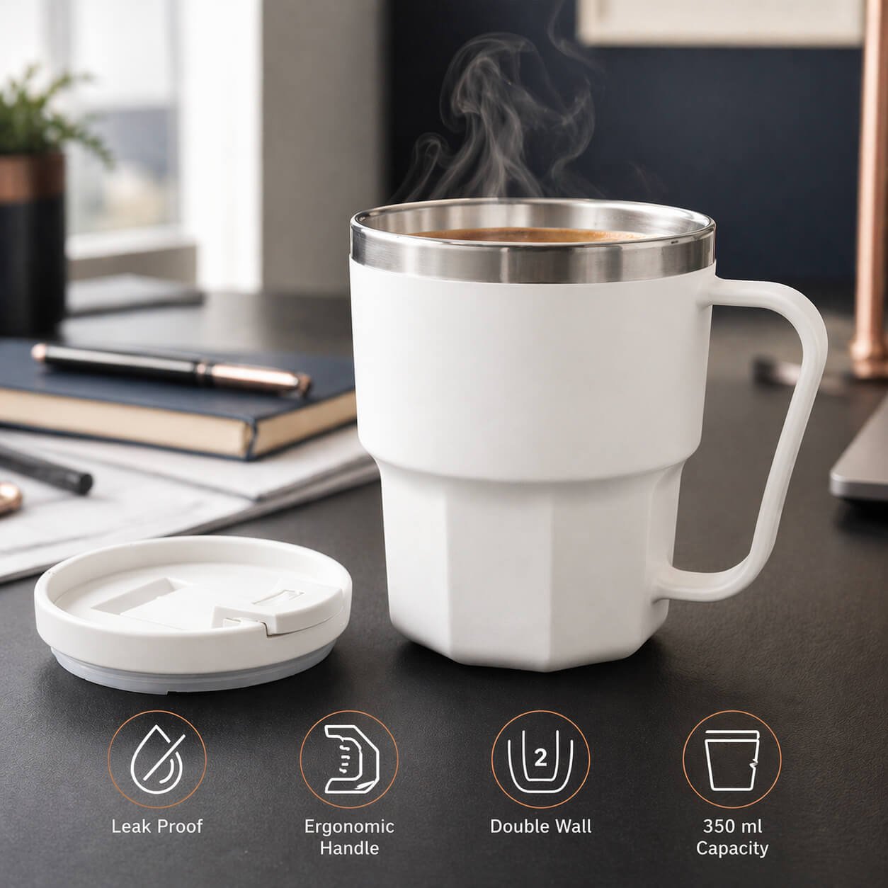 Vertex: Stainless Steel Double wall mug with Unique Ridge Base White — corporate gift