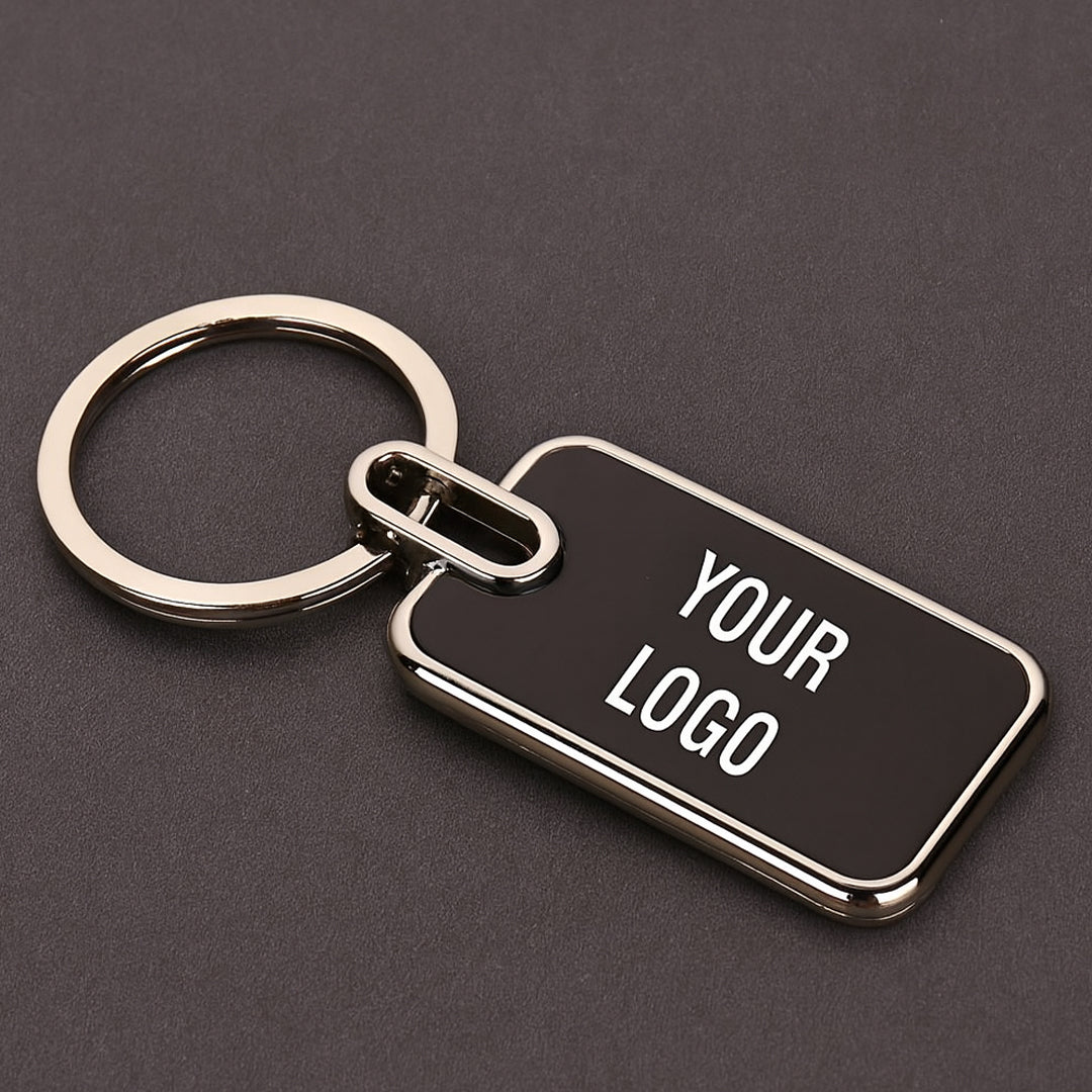 Rectangle black metal keychain with customizable logo engraving – front view