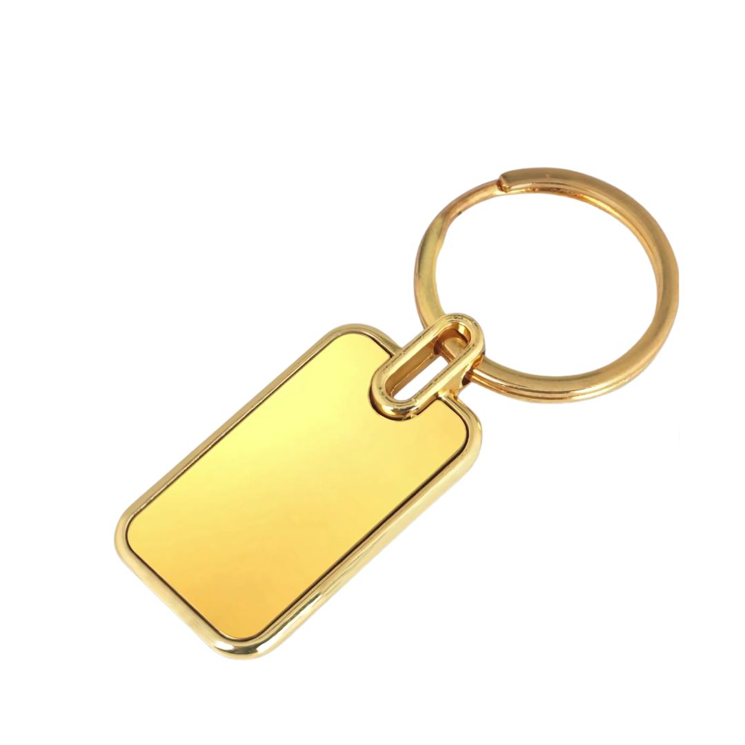 Back view of rectangle metal keychain in shiny gold finish