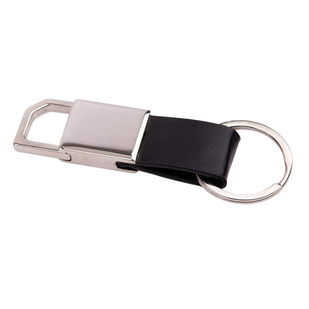 Full view of rectangle hanging metal keychain with PU strap