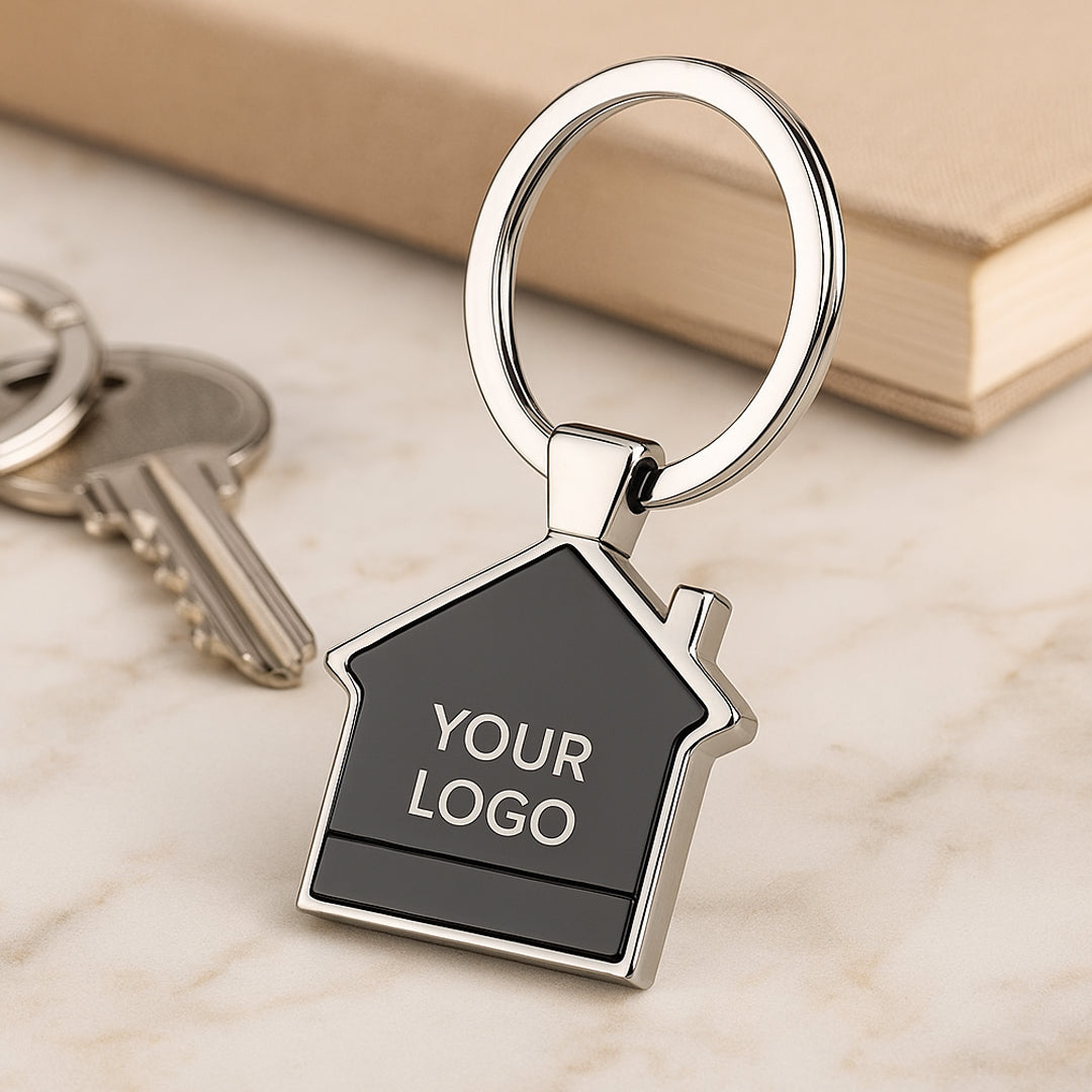 Hut shape black finish metal keychain – back view