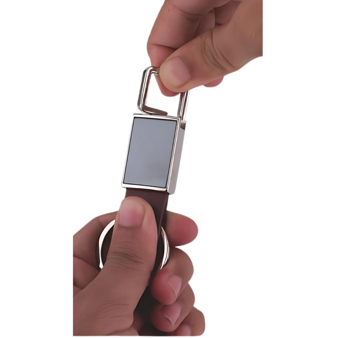 Rectangle metal PU keychain with branding logo space