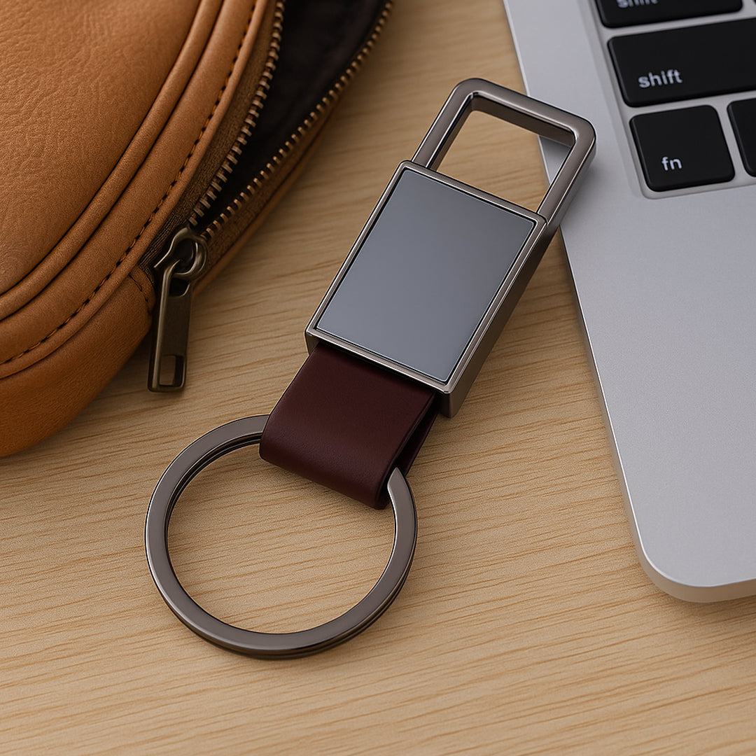 Rectangle metal PU keychain with branding logo space