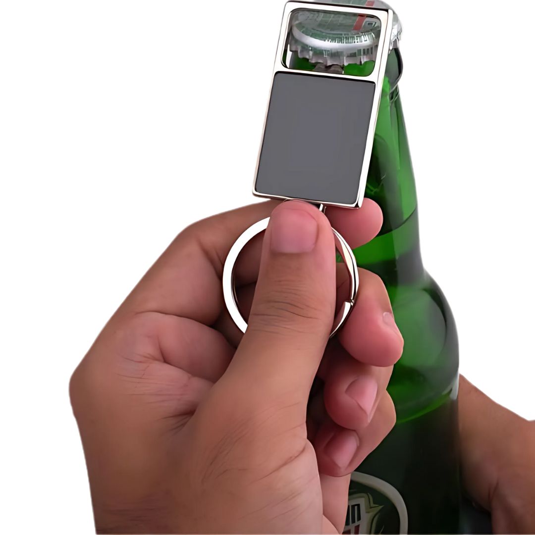 Sleek metal keychain with opener and gunmetal plate finish