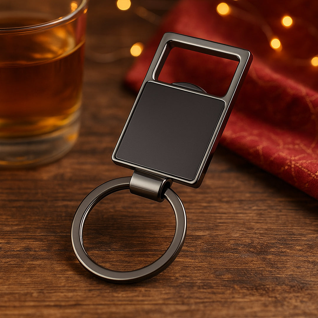 Sleek metal keychain with opener and gunmetal plate finish
