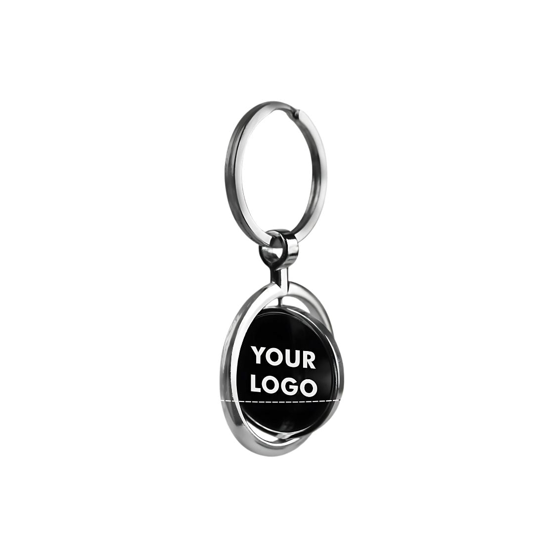 Round rotating keychain with silver finish and branding area – front view