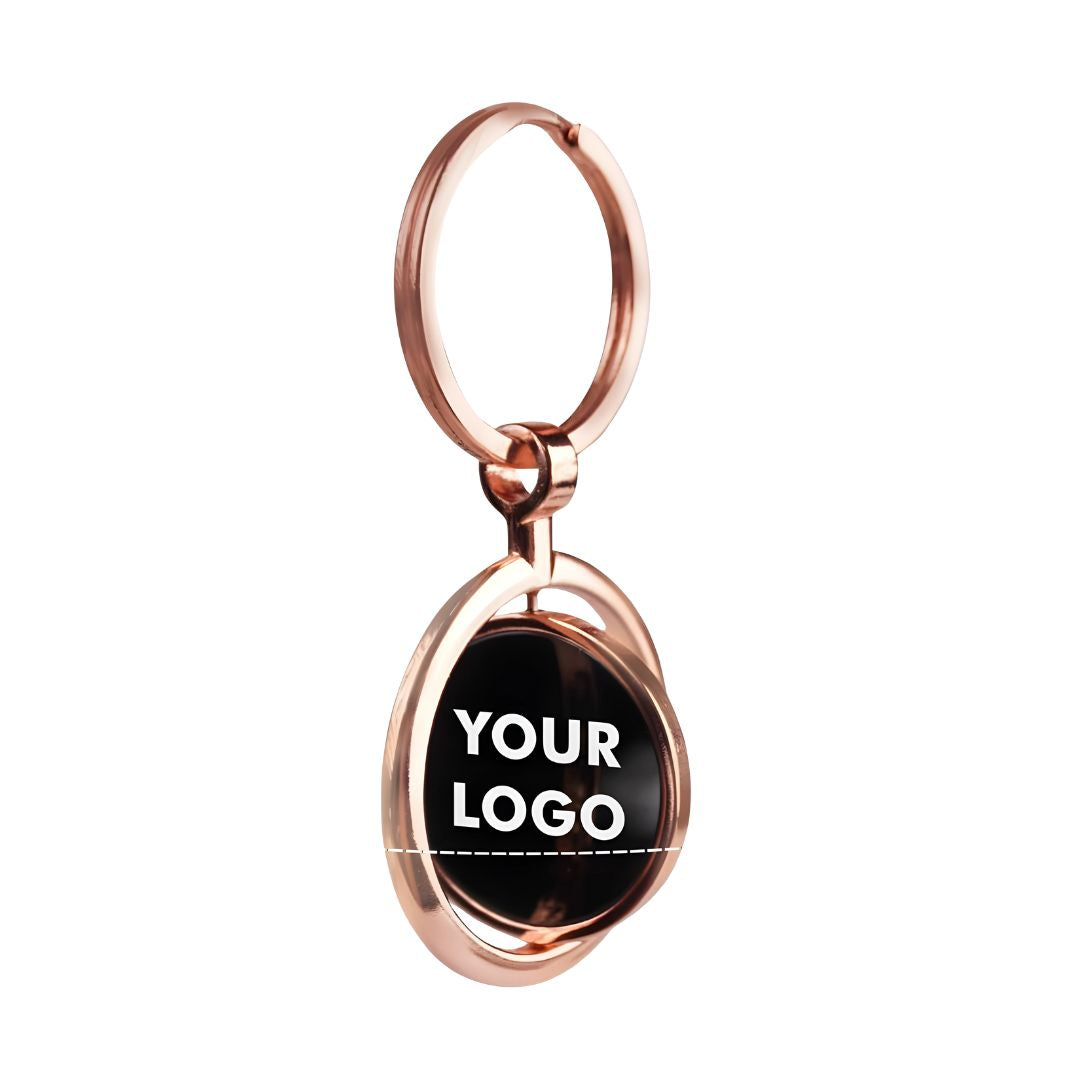Round rotating keychain in rose gold finish with silver ring – top view