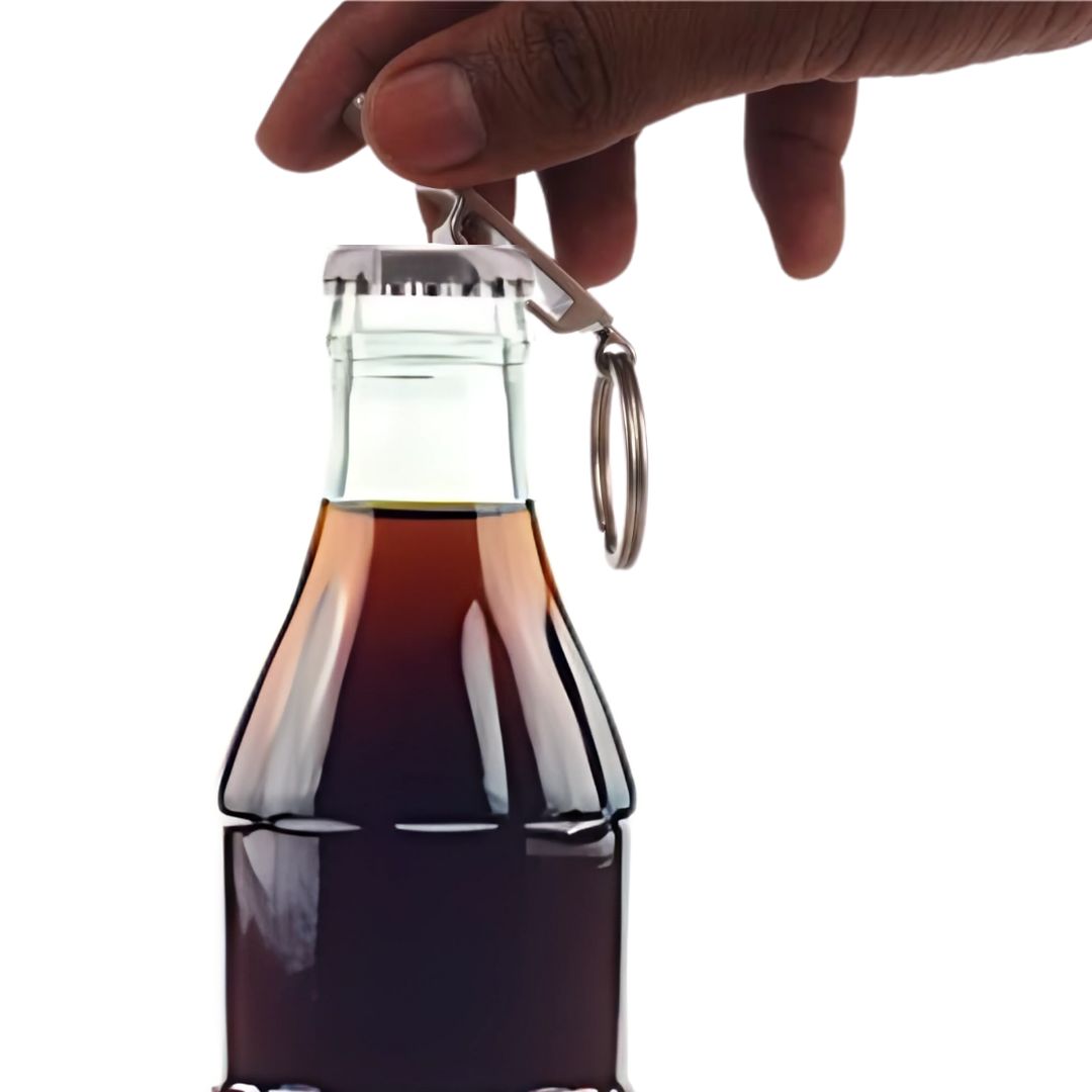 Multifunction keychain used as bottle opener with hand holding soda bottle