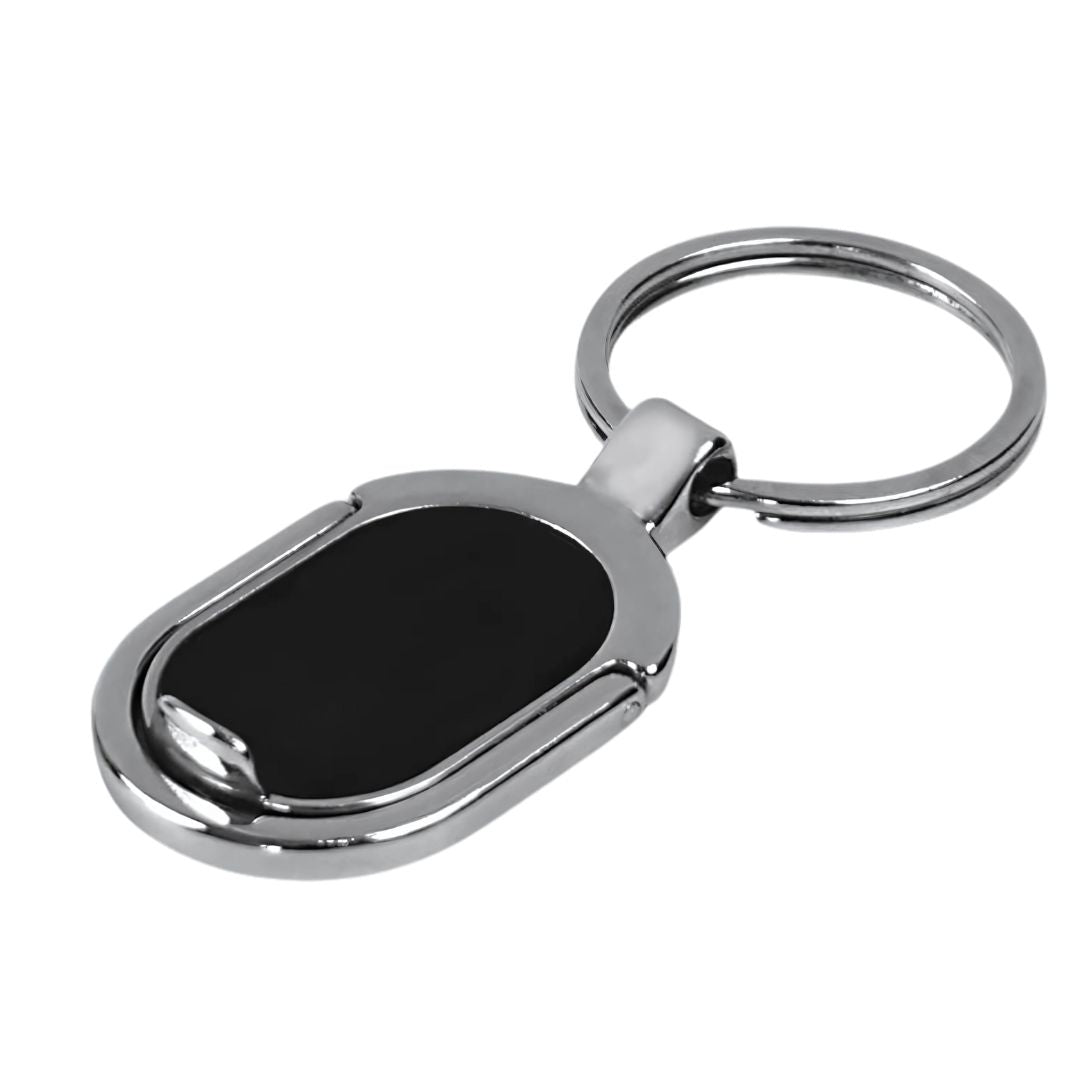Oval keychain with phone stand and gunmetal branding plate – front view