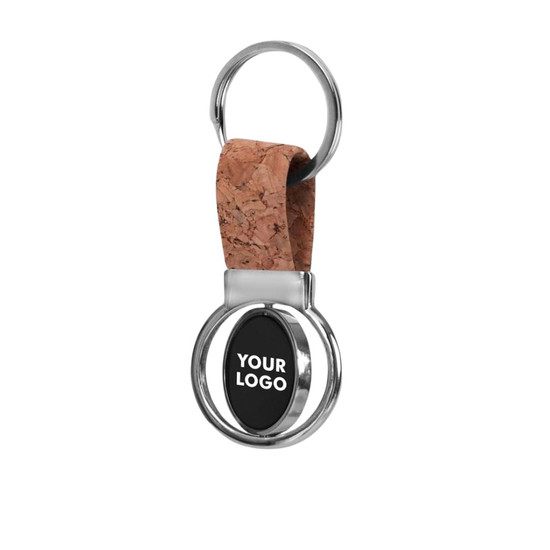 Eco-friendly cork keychain with round rotating gunmetal plate – front view