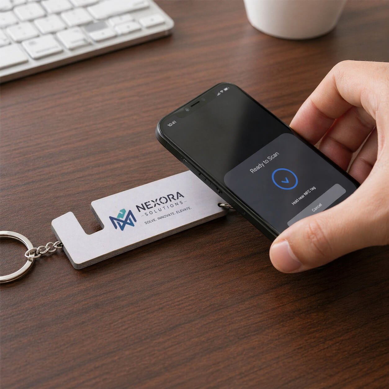 Tapmate: Customized MDF Keychain with Mobile stand & NFC Tag  — corporate gift
