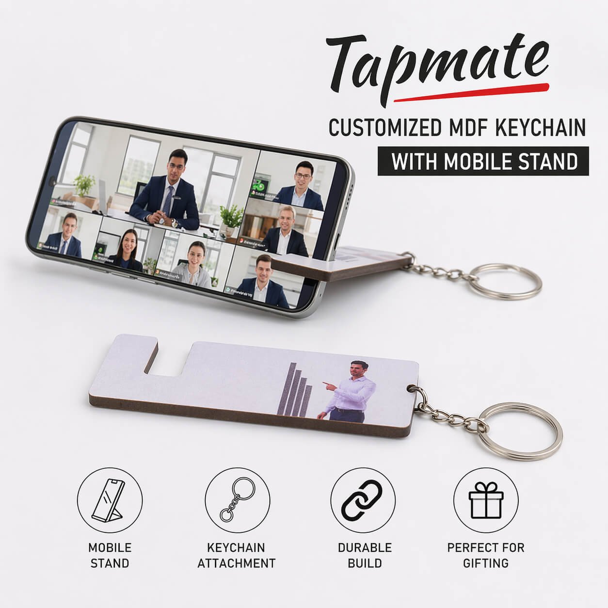 Tapmate: Customized MDF Keychain with Mobile stand & NFC Tag  — corporate gift