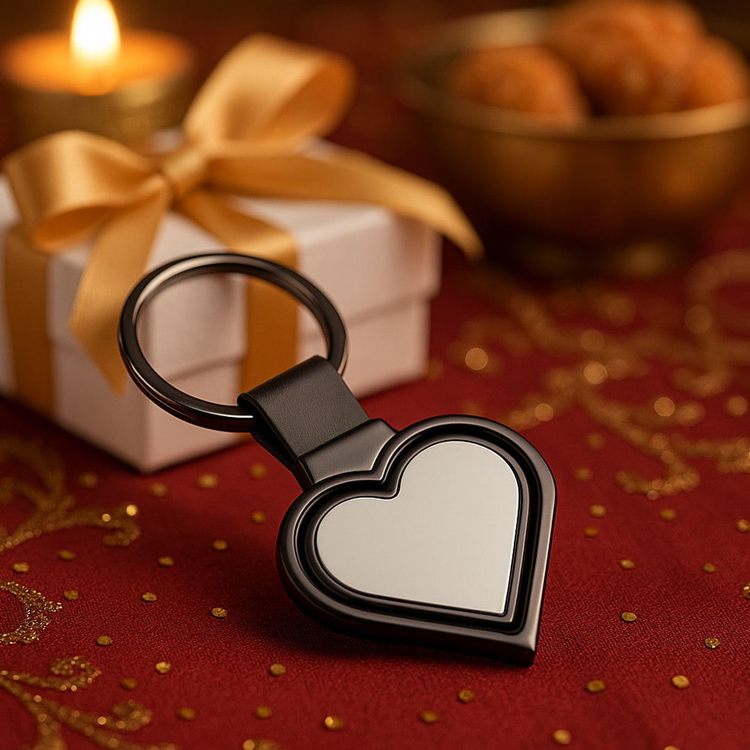 Rotating heart-shaped metal keychain with gunmetal finish, ideal for gifting