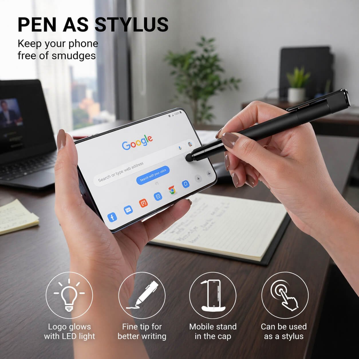 Logo glow pen with phone stand Black — corporate gift
