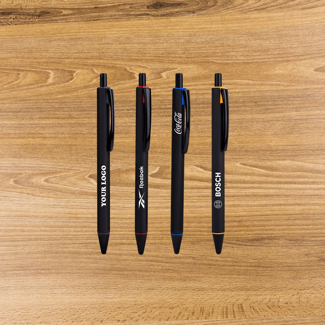 Single matte metal pen with colored highlights and laser engraving option