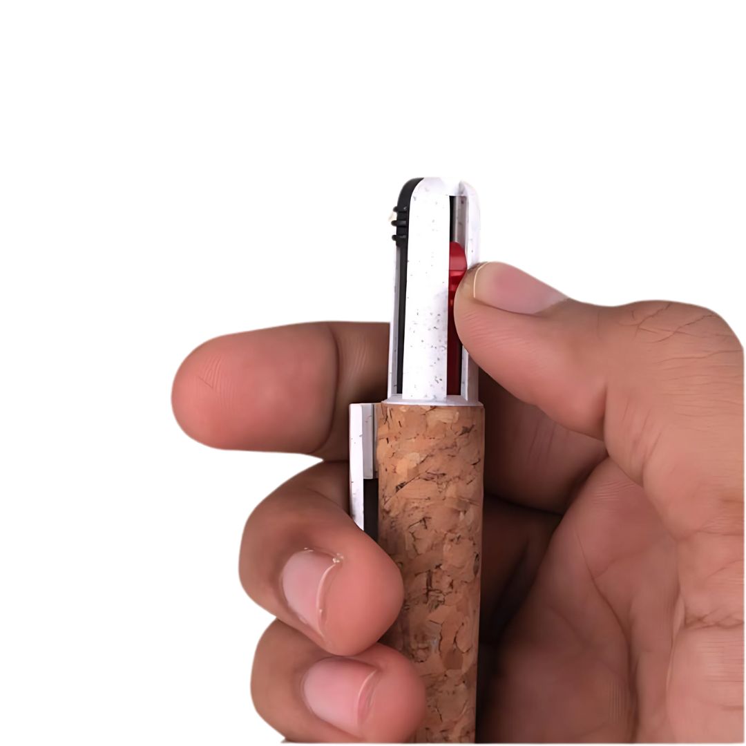 Close-up of eco-friendly cork grip 4 refill pen with sustainable design