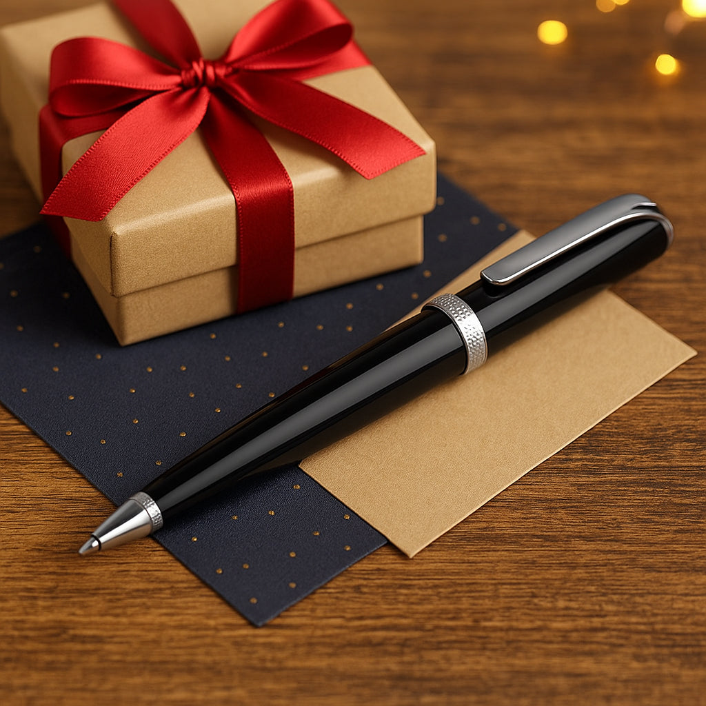 Jumbo pen with silver highlights placed beside laptop in office setting