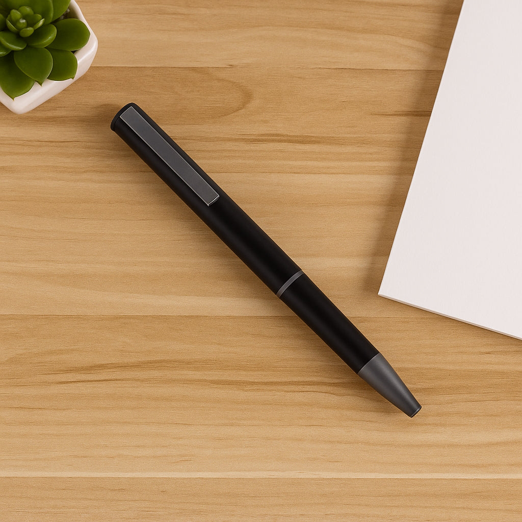 Executive track grip metal pen on wooden desk with modern design