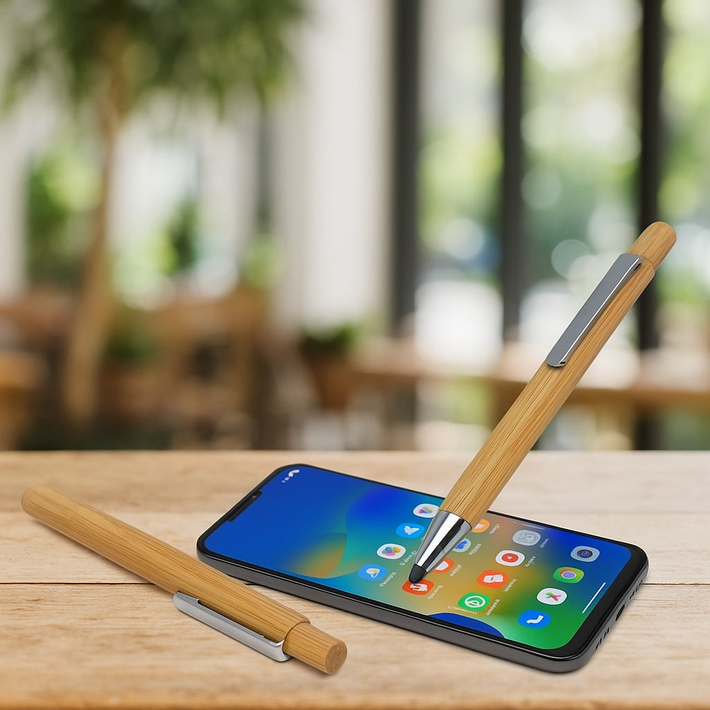 Eco-friendly bamboo pen with stylus used on smartphone