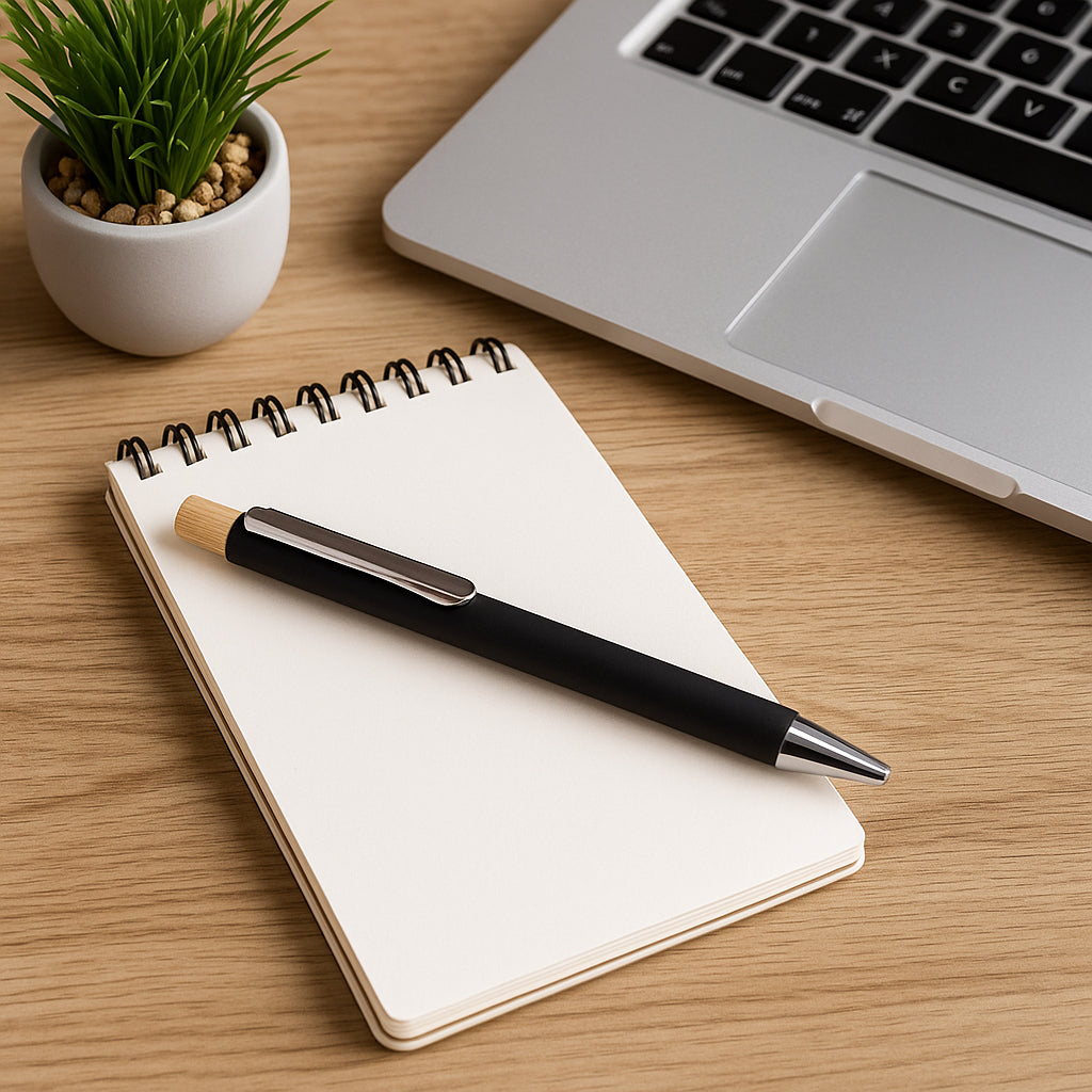 Eco-friendly metal pen with bamboo pusher placed on wooden table beside potted plant