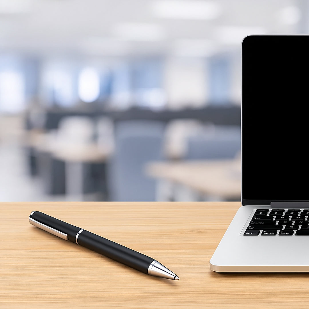 Premium black metal pen with matte finish on office desk