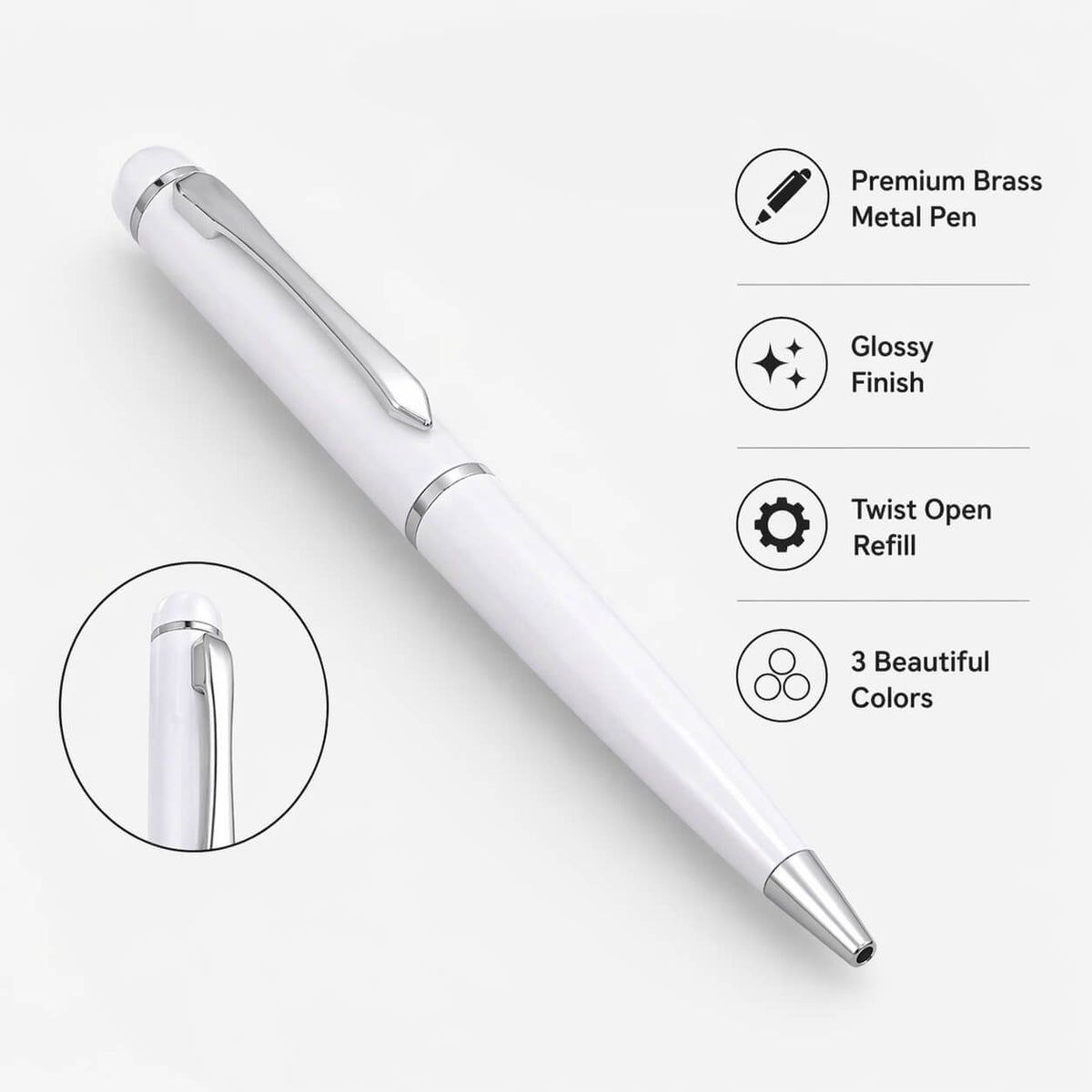 Monarch: Brass metal pen with twist open refill White — corporate gift