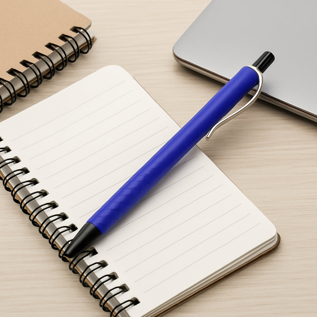 Blue triangular plastic pen with grip and clip